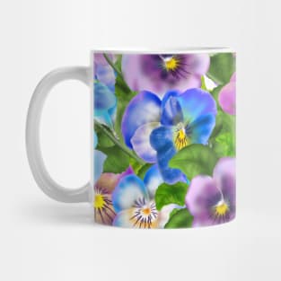 Beautiful Pansy Flowers Violet Viola Tricolor Floral Pattern. Watercolor Hand Drawn Decoration. Spring colorful pansies in bloom garden flowers. Mug